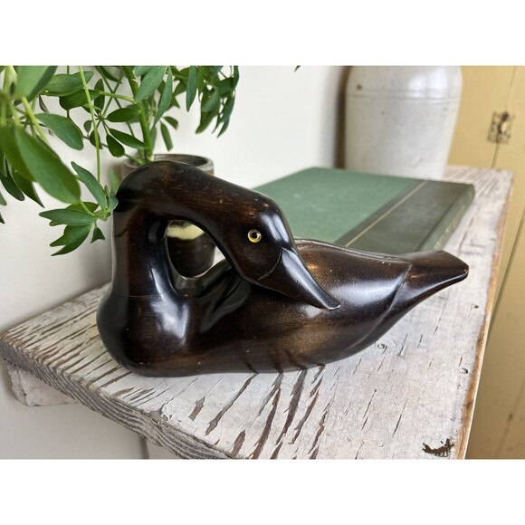 Vintage PWF Carved Solid Wood Mallard Duck Goose Glass Eye Figurine 9x5x4" - Picture 3 of 6